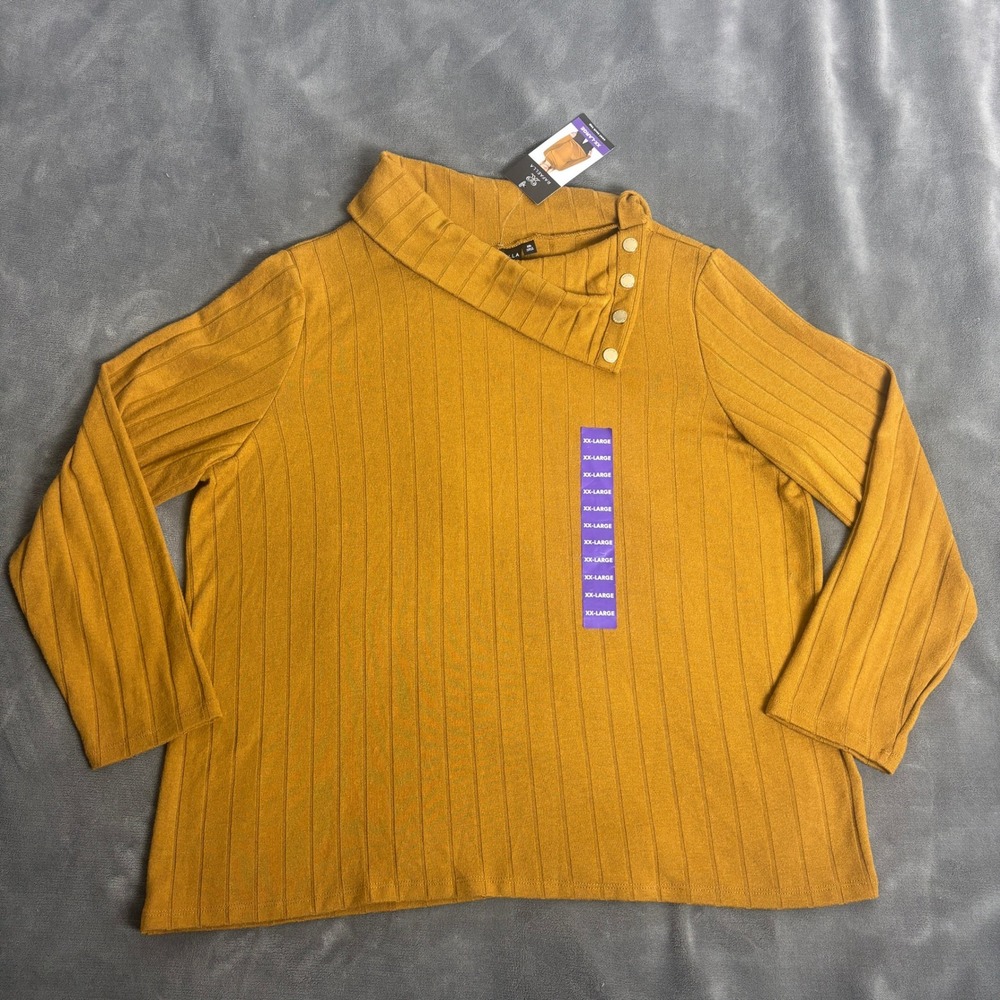 Rafaella Womens XXL Mustard Yellow Ribbed Cowl Neck Button Top RSKFE060 NWT - Picture 1 of 7